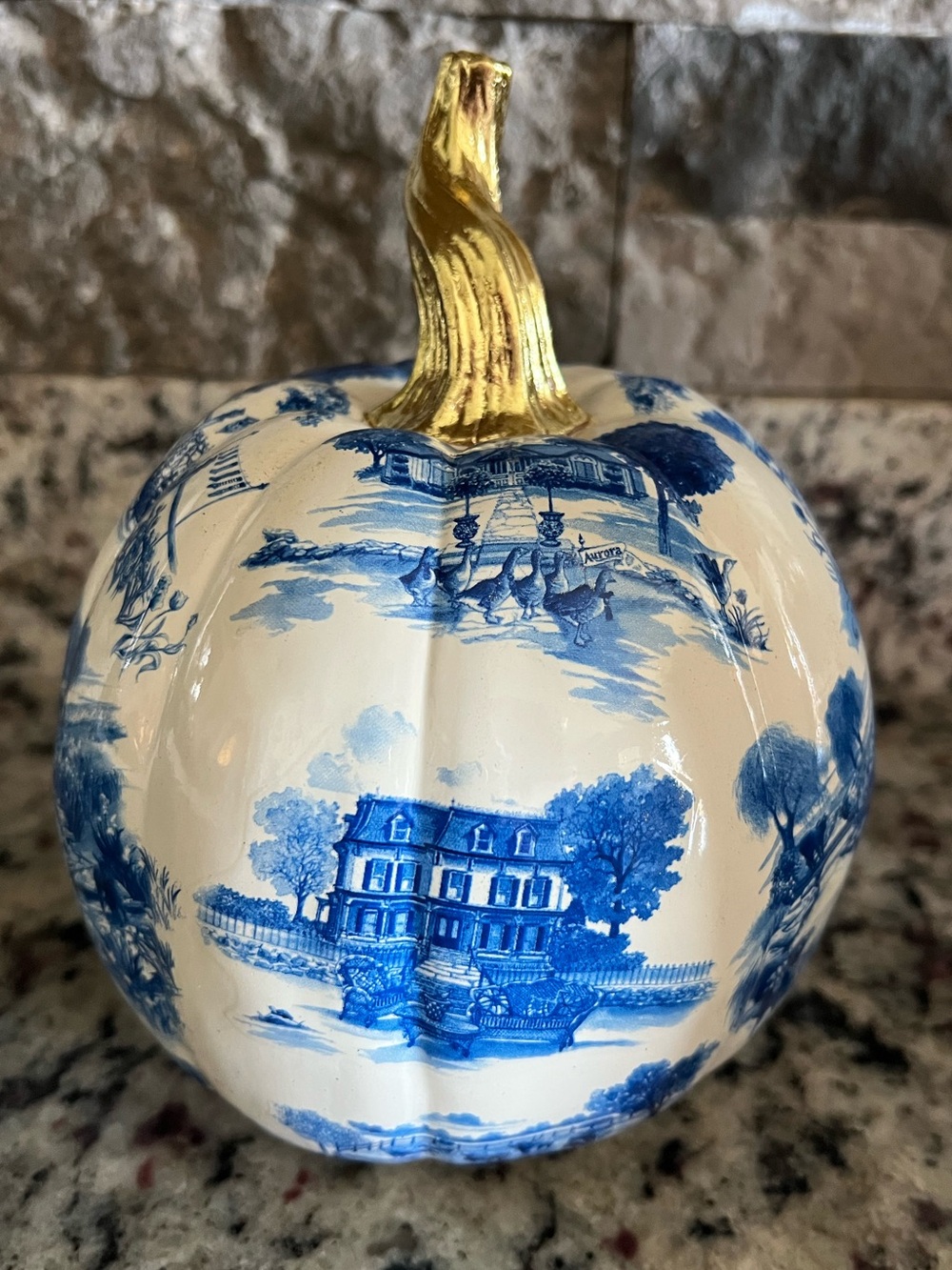 Mackenzie-Childs Royal Toile Small Pumpkin with Gold stem. New in Box! - Picture 3 of 10